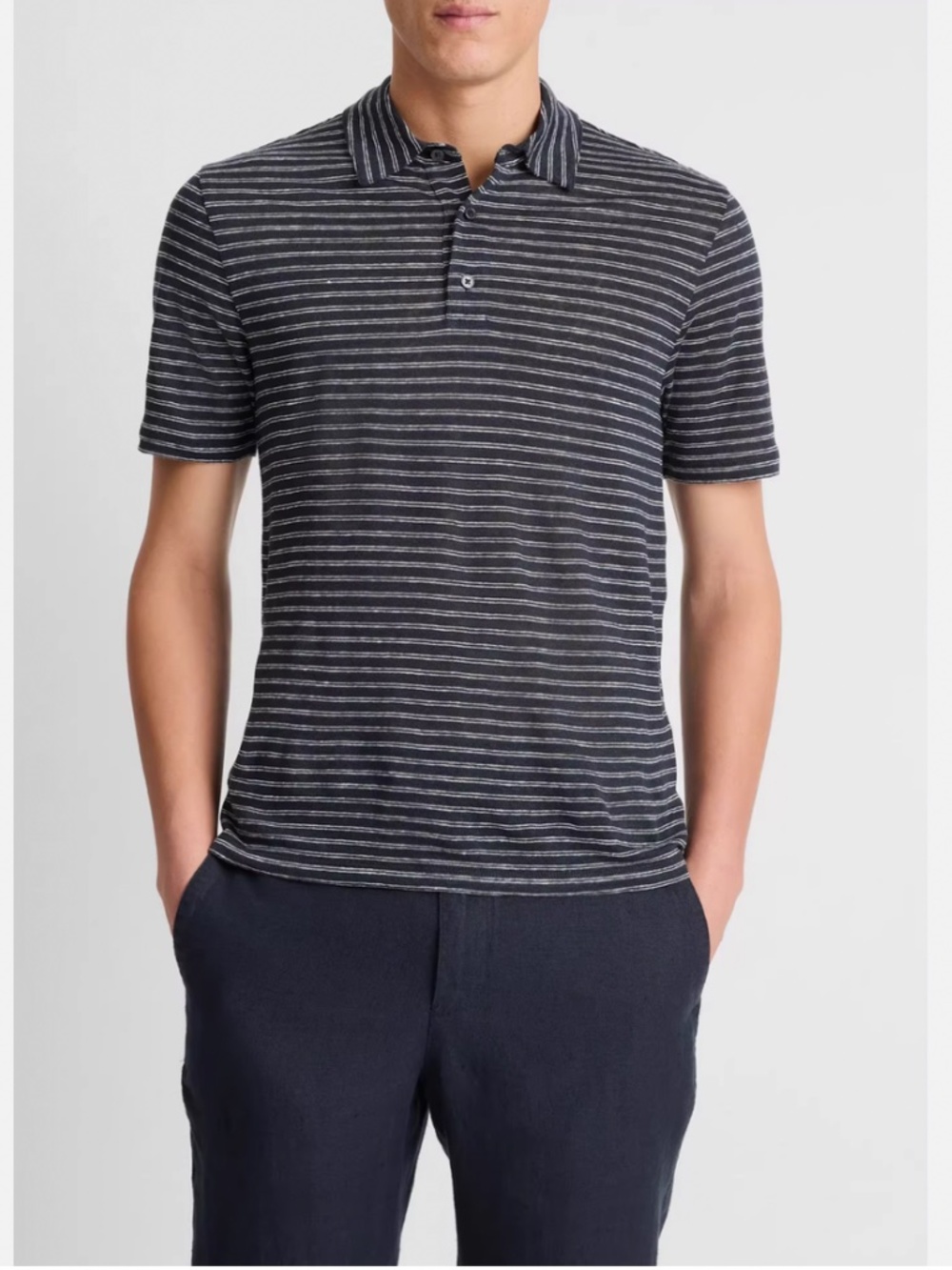 Vince Striped Linen Short Sleeve Polo Shirt coastal blue XL